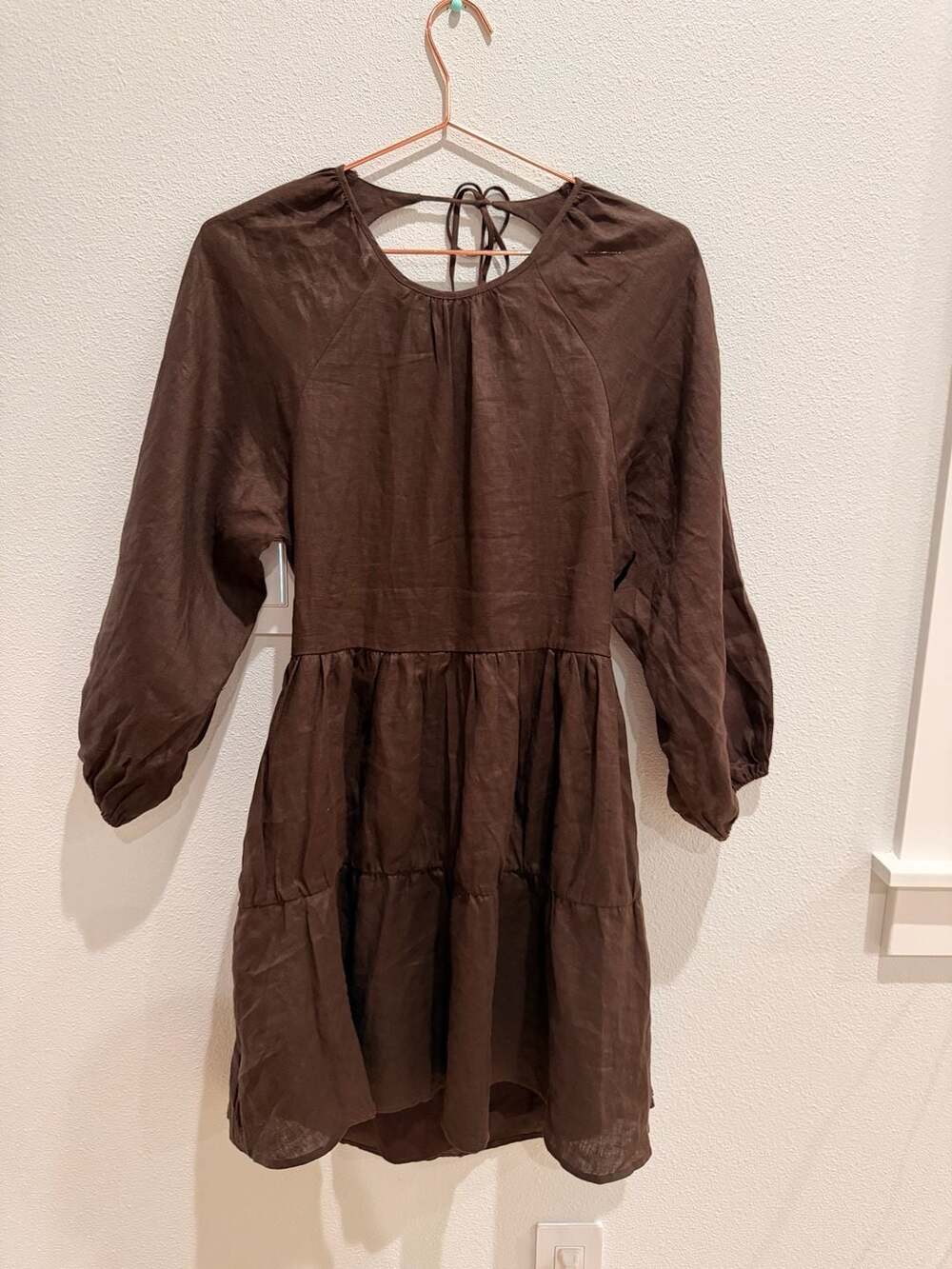 DISSH Rowan Chocolate Linen Open Back Tiered Mini Dress Size 10